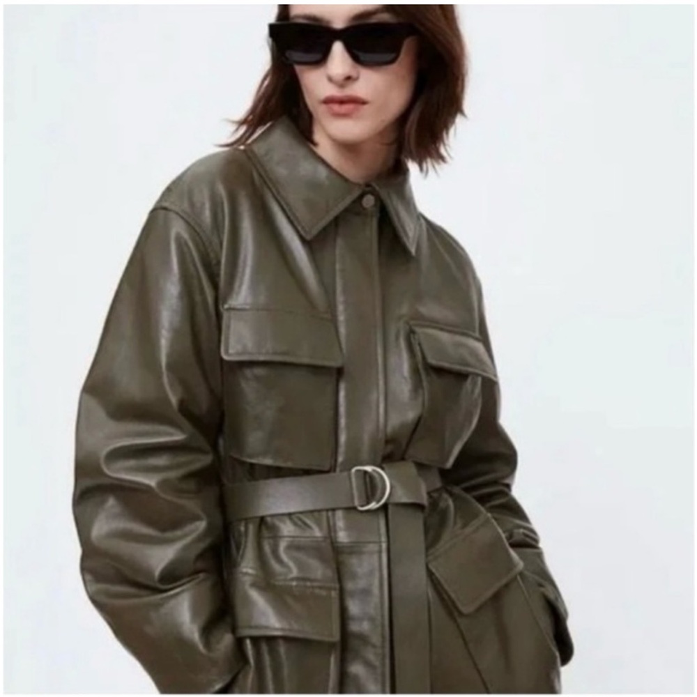 Anine Bing Khaki Leather Belted Jacket